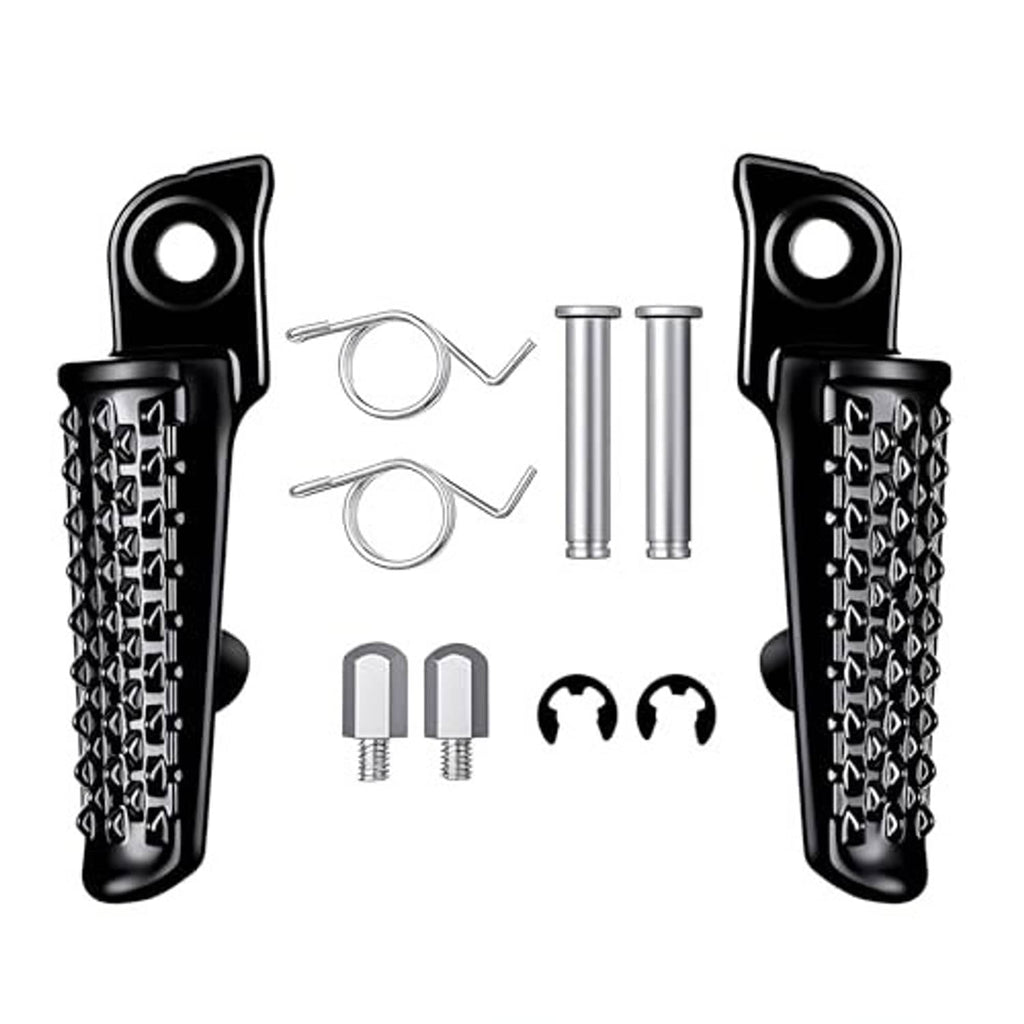 Black motorcycle foot peg set with silver bolts, springs, and retaining clips