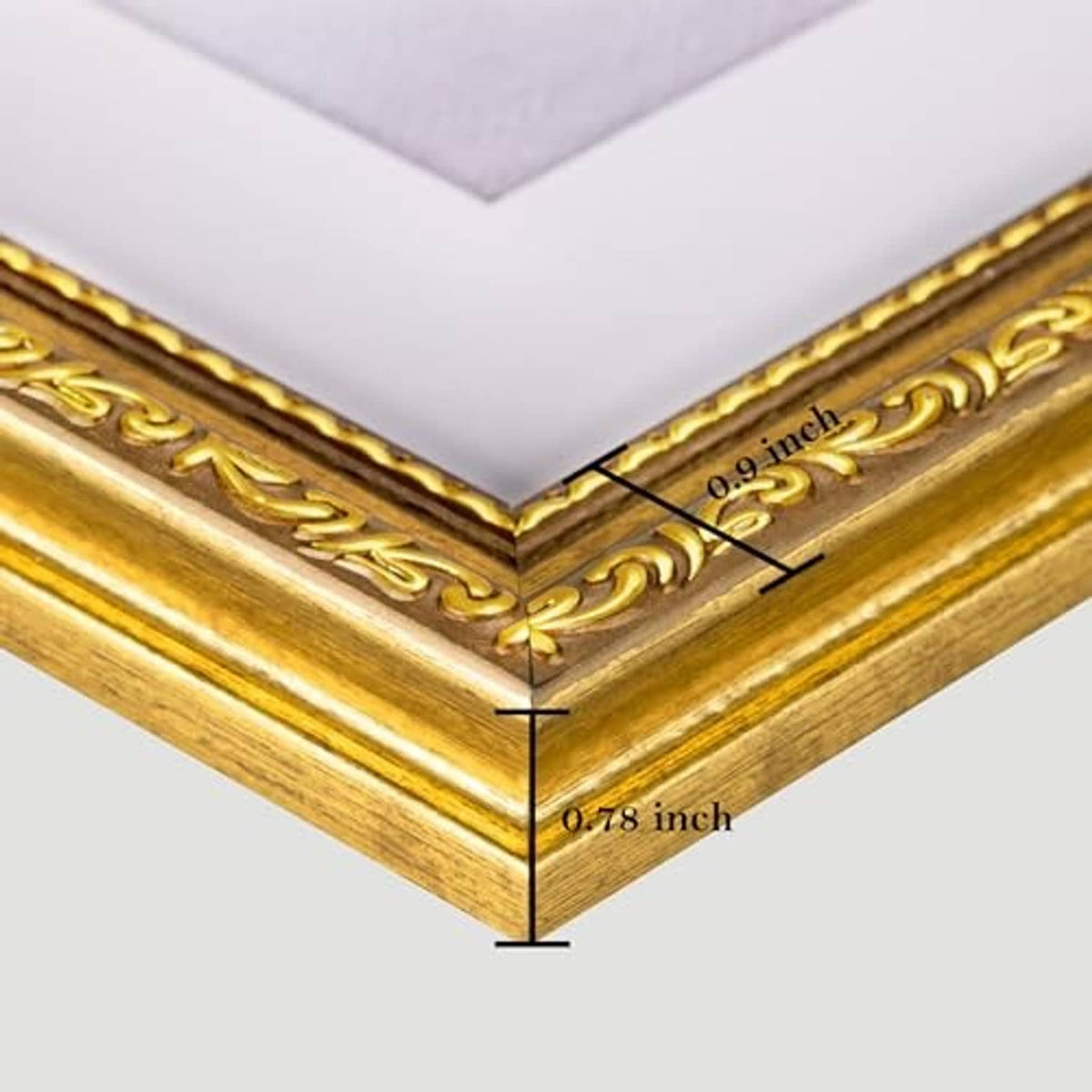 Gold ornate frame corner with measured thickness and beveled edge