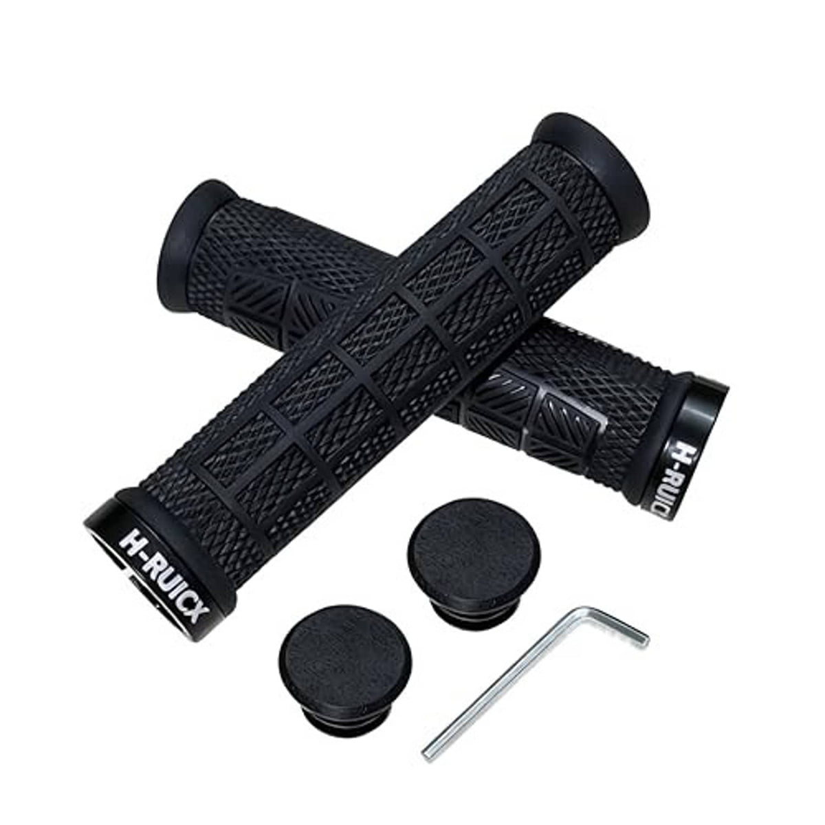 Set of two dark handlebar grips with lock ring caps, plugs, and hex key