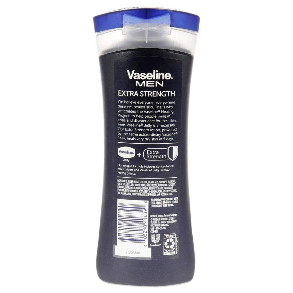 Vaseline MEN extra strength lotion bottle with back label, non-greasy