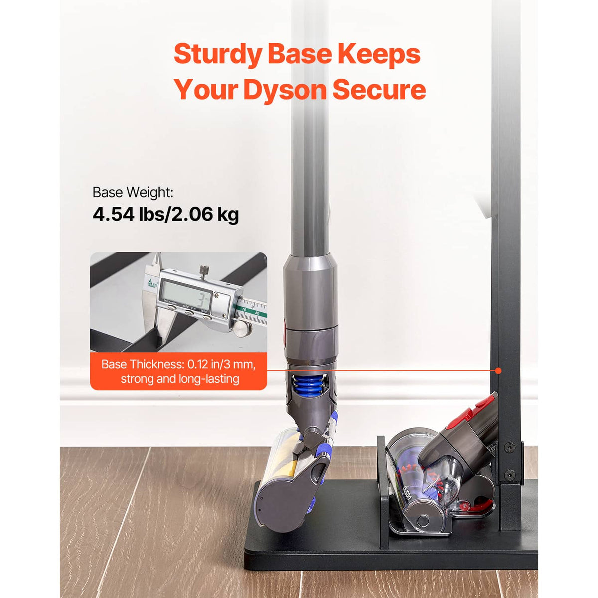 Vacuum stand with flat base and vertical post for storing a cordless vacuum