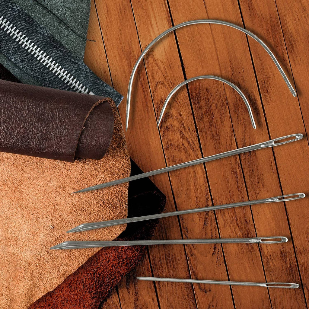 Hand sewing needle set with long curved needles and straight needles in metal