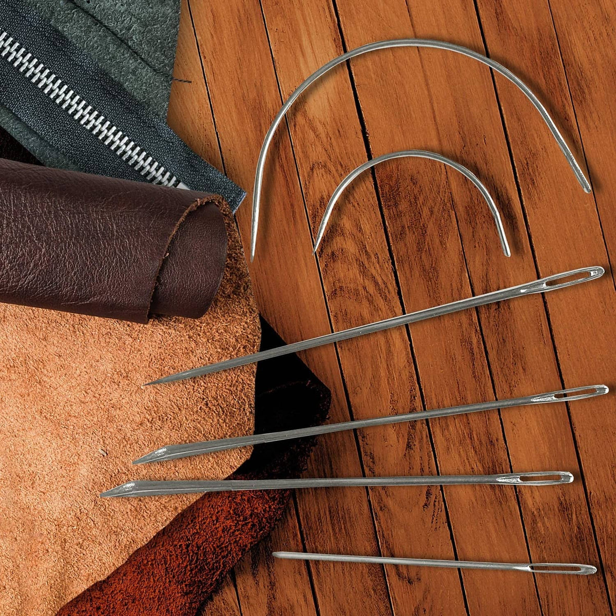 Hand sewing needle set with long curved needles and straight needles in metal