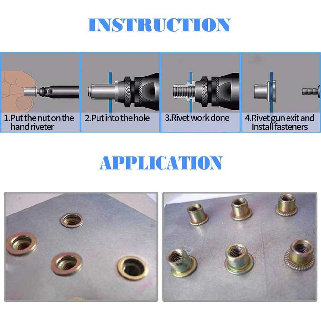 Flat-head rivet nuts with installation step illustrations on a base plate