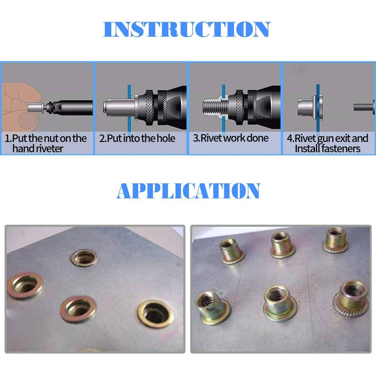 Flat-head rivet nuts with installation step illustrations on a base plate