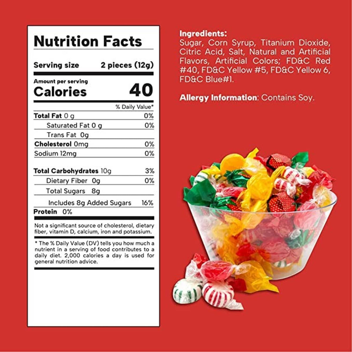 Cup of assorted wrapped hard candies in red, yellow, and green with striped mints