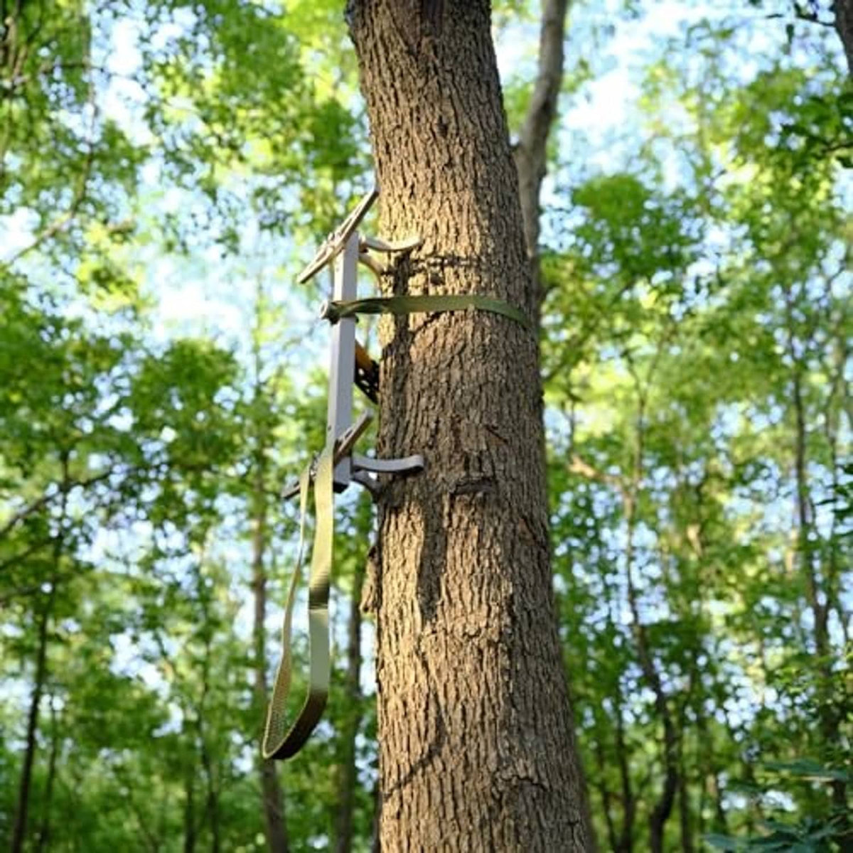 Aluminum hunting climbing sticks with two steps and hanging safety strap on tree