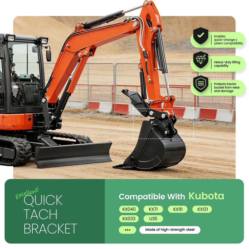 Quick-attach bucket bracket system with black bracket arms and pin holes on steel housing