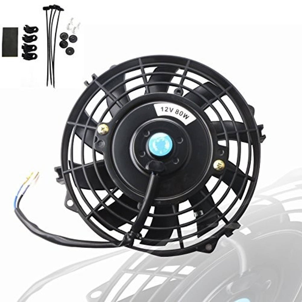 Black electric radiator fan with circular grille and 12V 80W label