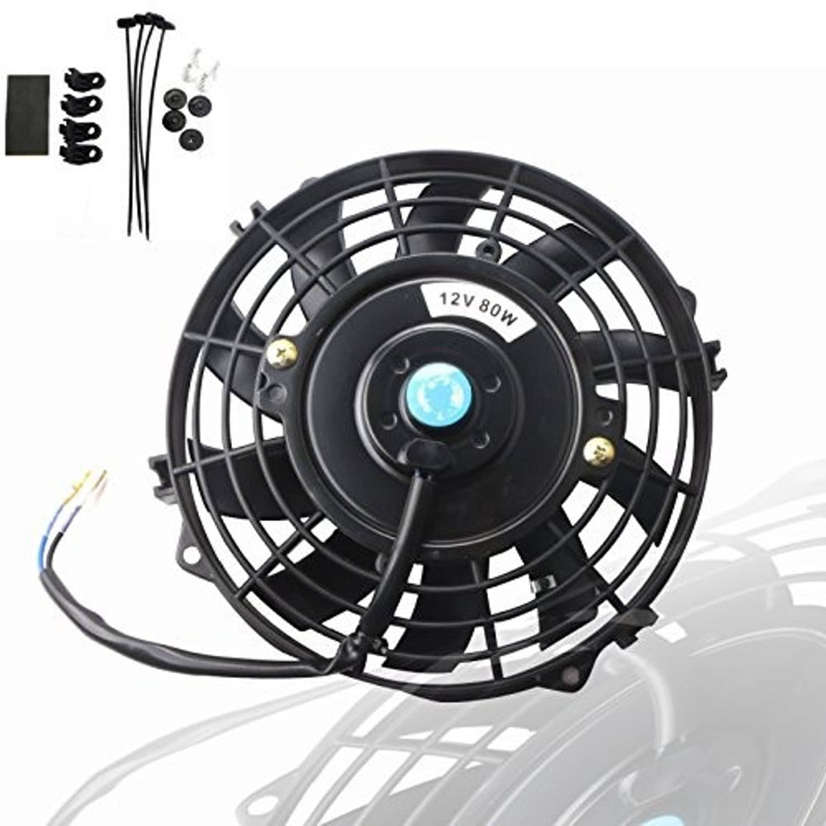 Black electric radiator fan with circular grille and 12V 80W label
