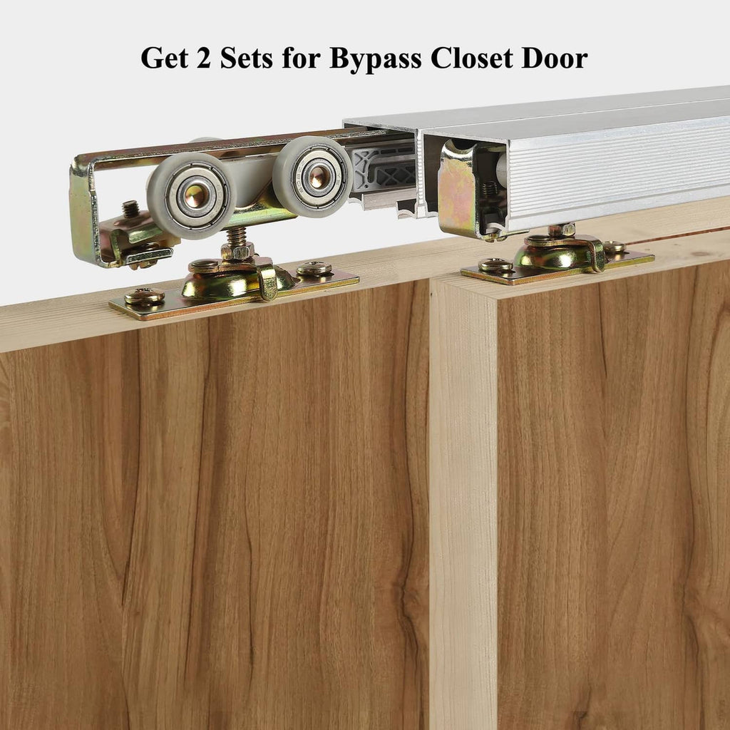 Bypass closet door kit showing two hanger assemblies with dual wheels and metal plates