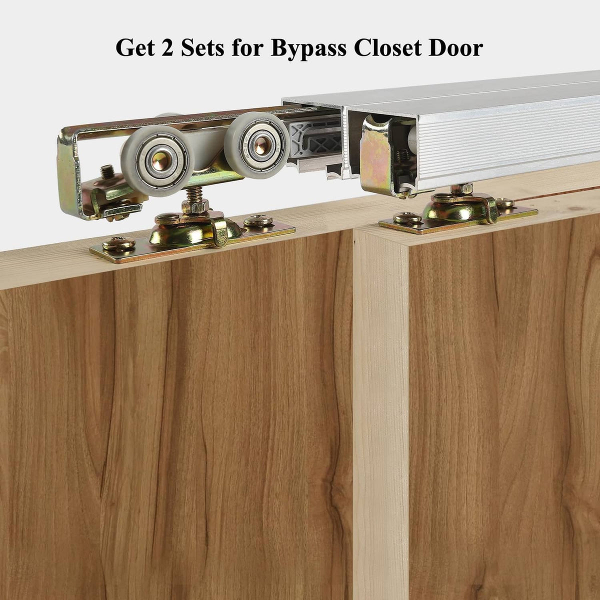 Bypass closet door kit showing two hanger assemblies with dual wheels and metal plates