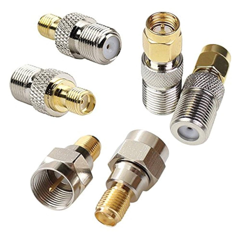 Set of coaxial connector adapters with gold tips and silver knurled sleeves
