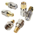 Set of coaxial connector adapters with gold tips and silver knurled sleeves
