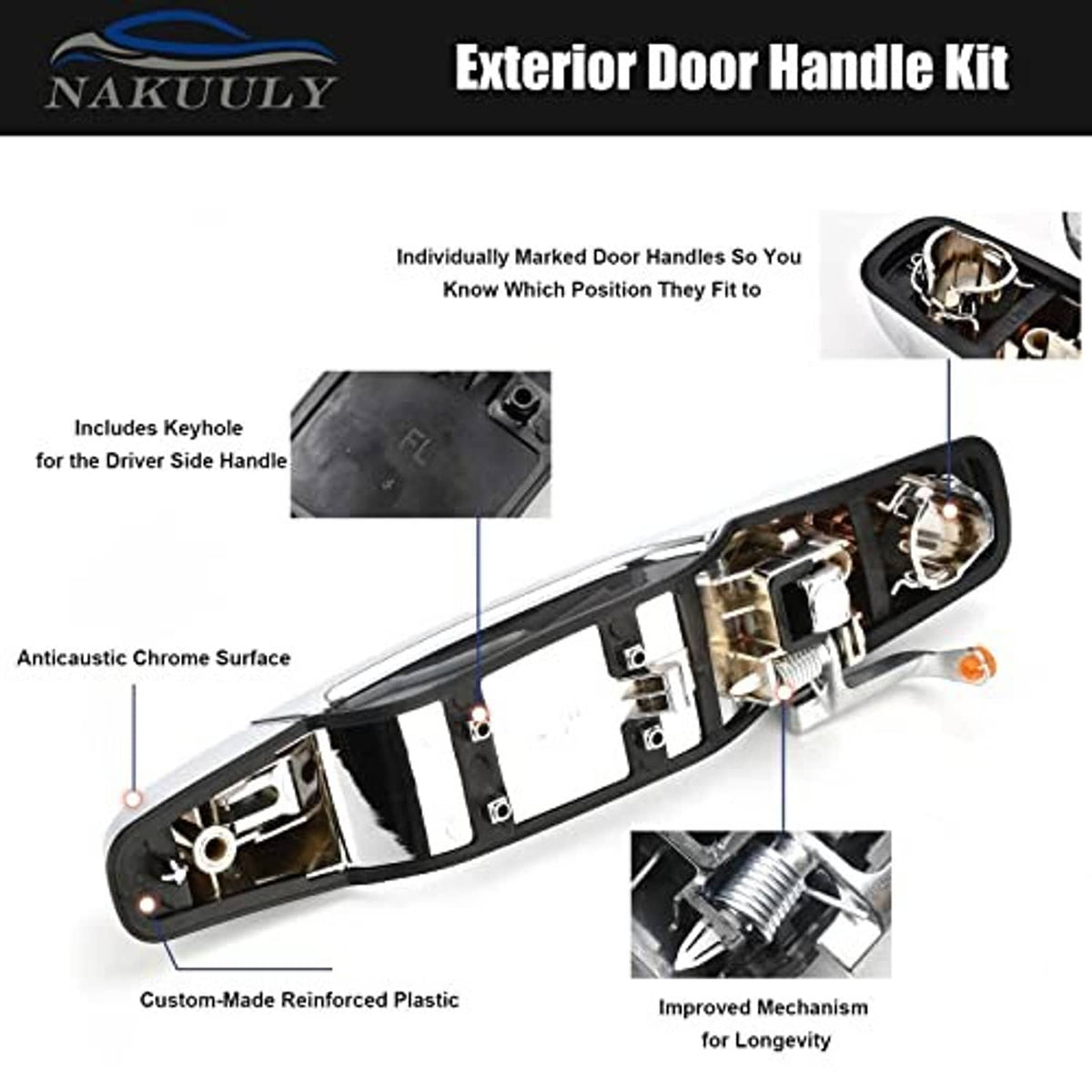 Chrome exterior door handle kit, one open handle showing internal mechanism and parts