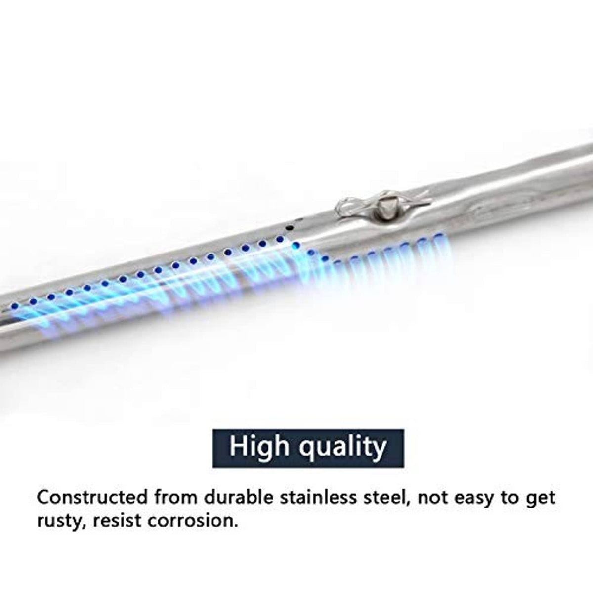 Stainless steel gas grill burner tube with blue flame line showing heat distribution along slots
