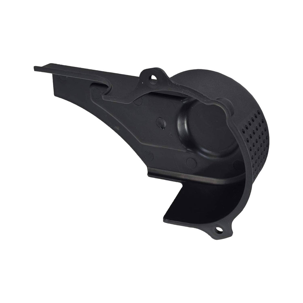 Black plastic clutch cover shell with raised rib and round side opening, mounting holes