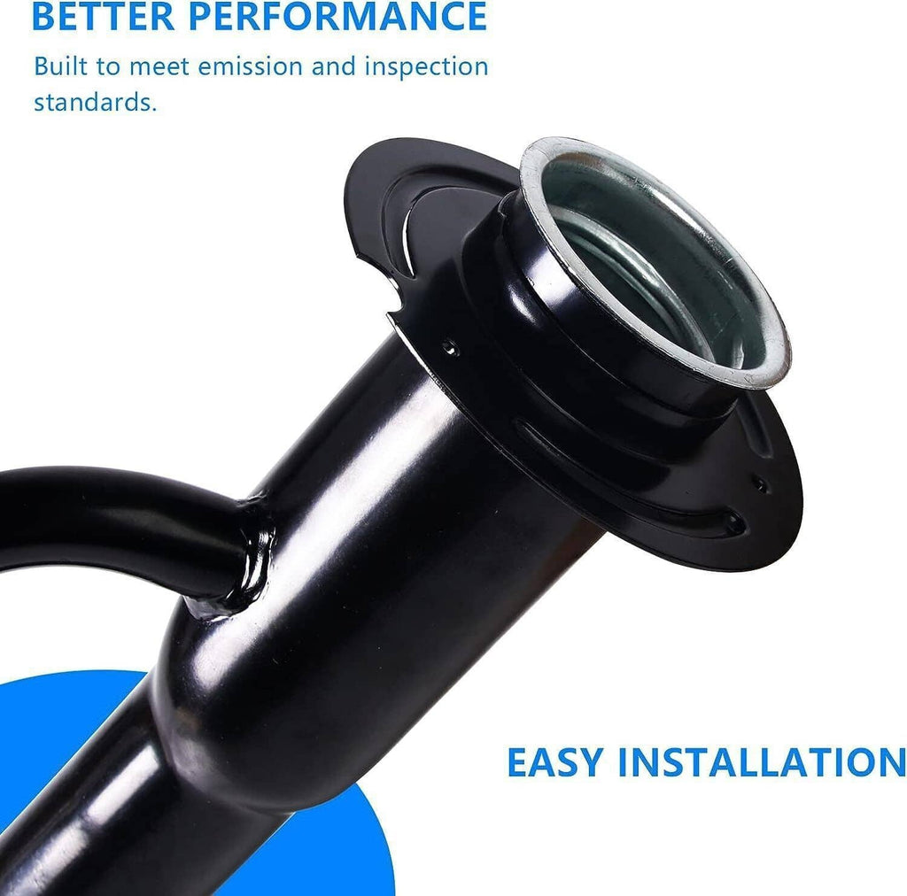 Black fuel tank filler neck pipe with circular flange and metal inlet opening