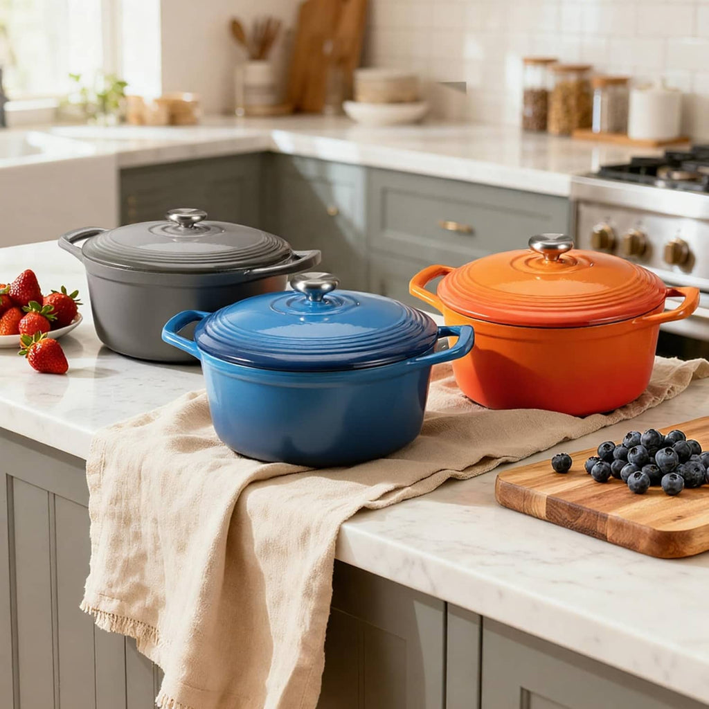 Midnight blue enameled cast iron Dutch oven with ribbed lid and side handles on countertop