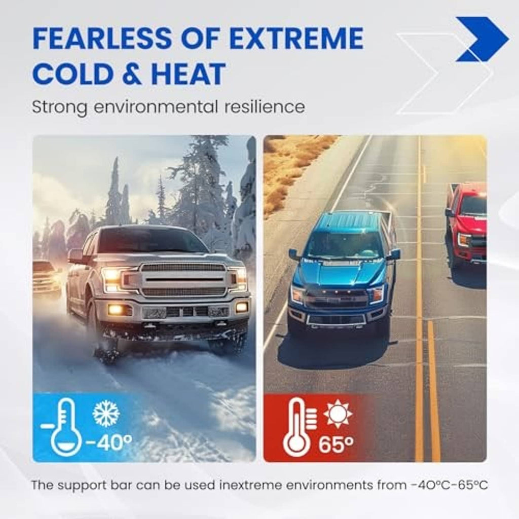 Hood struts for extreme cold and heat, shown on vehicles