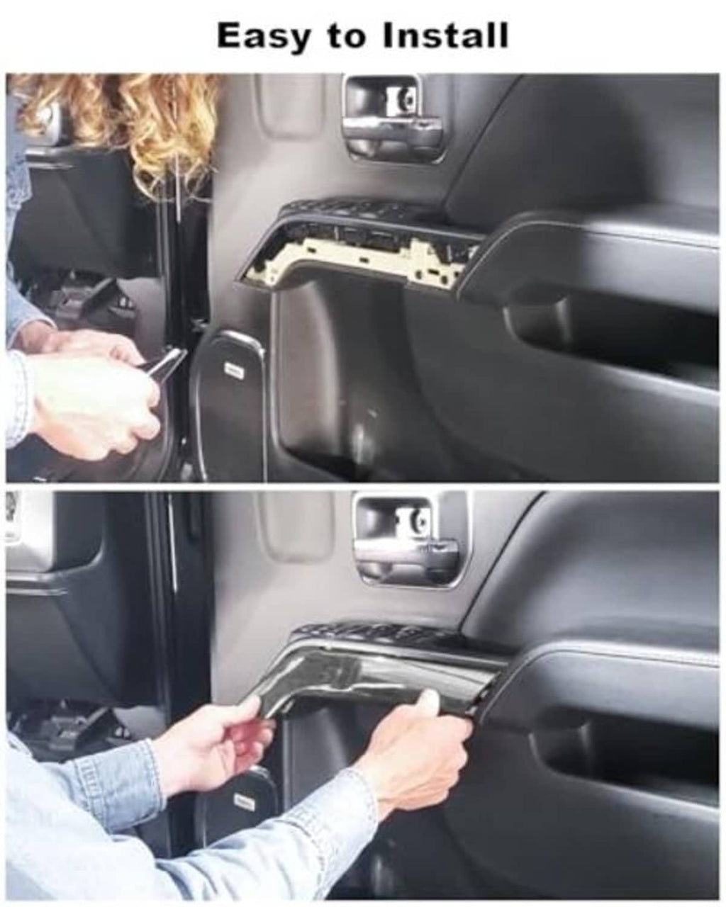 Door armrest bezel cover being installed on dark door panel, tabs visible