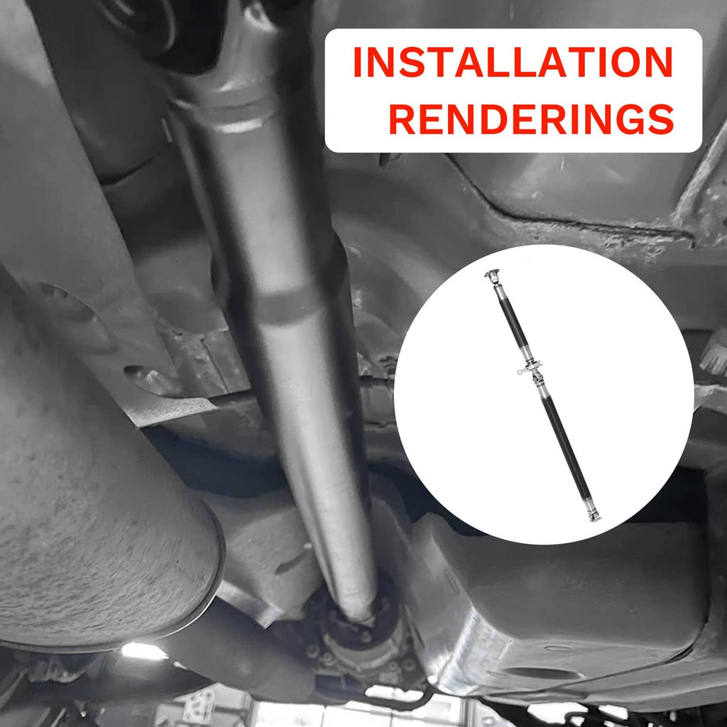 Rear driveshaft prop drive shaft installation rendering with vehicle undercarriage