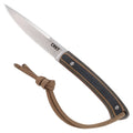 Fixed blade knife with striped dark G10 handle and tan paracord sheath loop