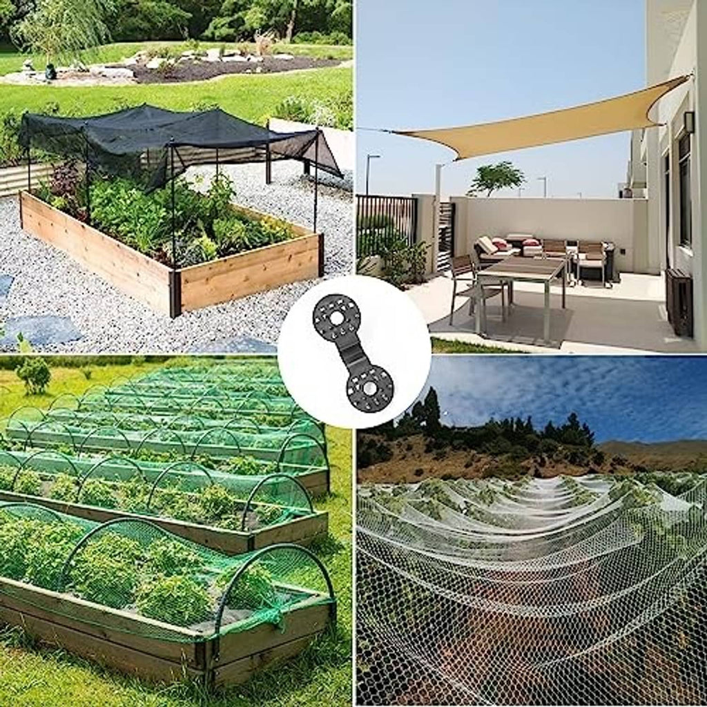 Black shade cloth clips holding shade netting in place on a garden structure