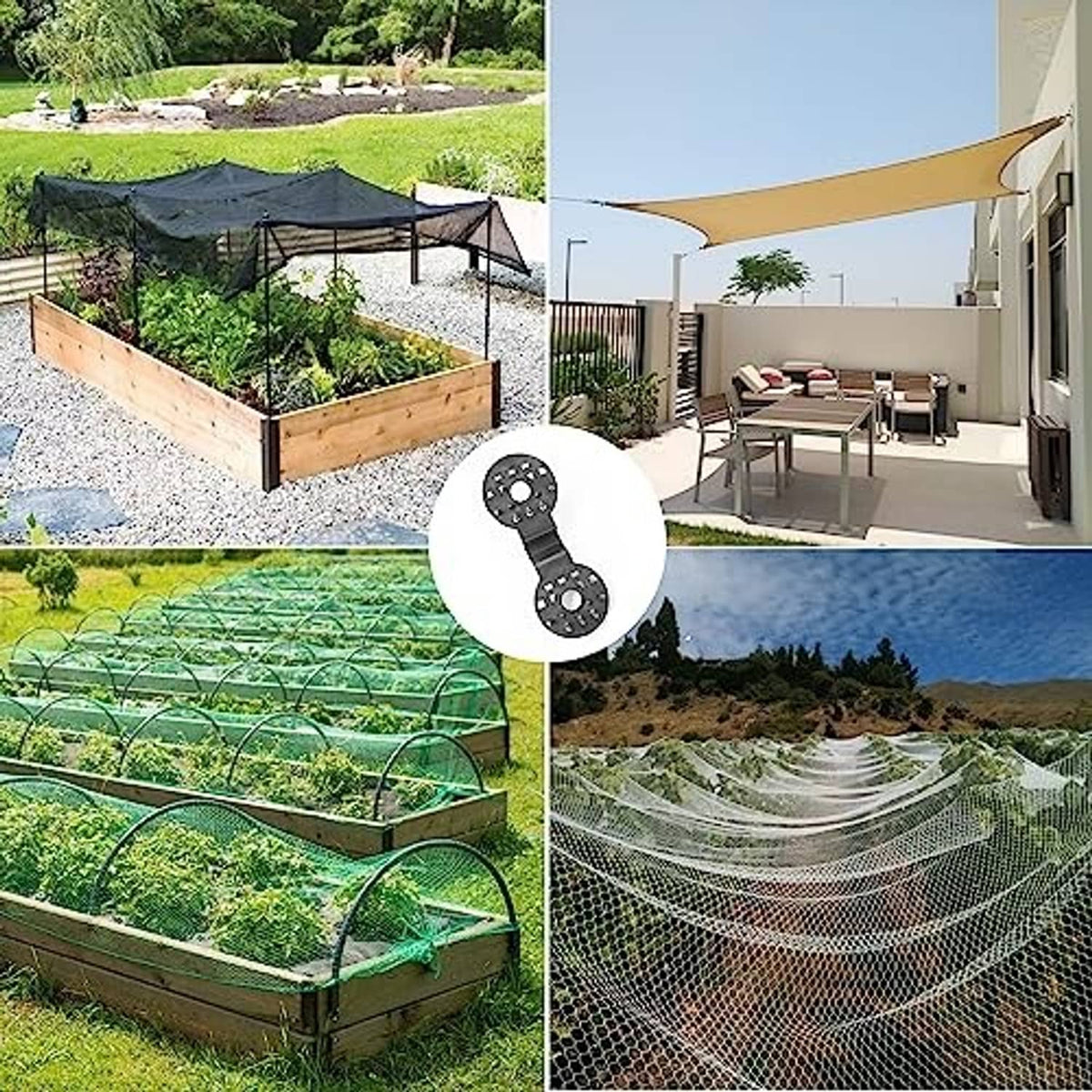 Black shade cloth clips holding shade netting in place on a garden structure