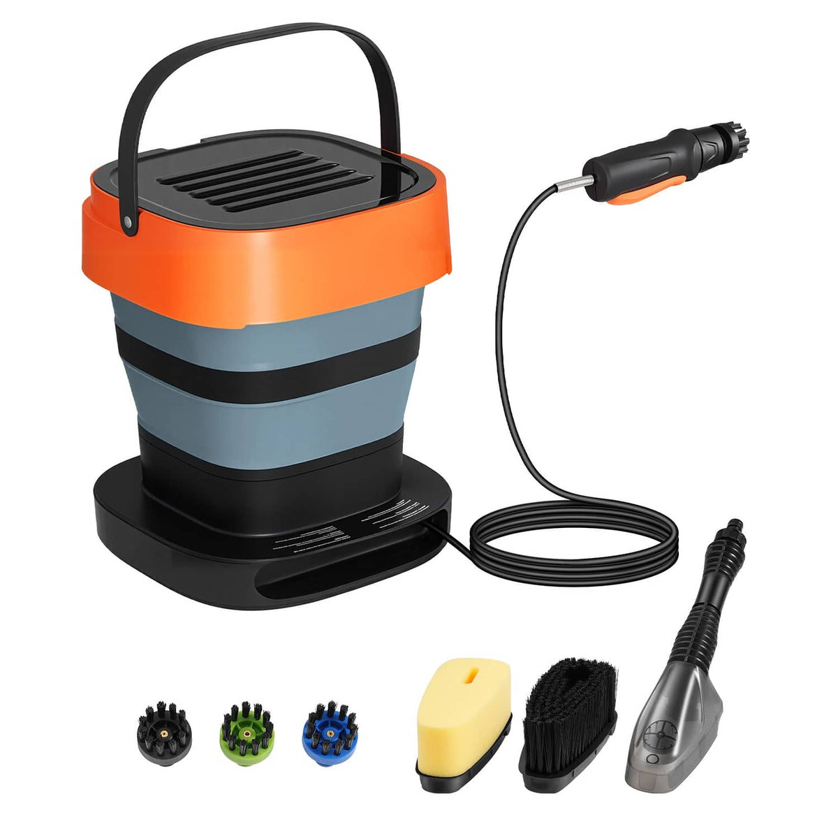 Portable cordless pressure washer with orange/gray body, black base, hose and spray gun