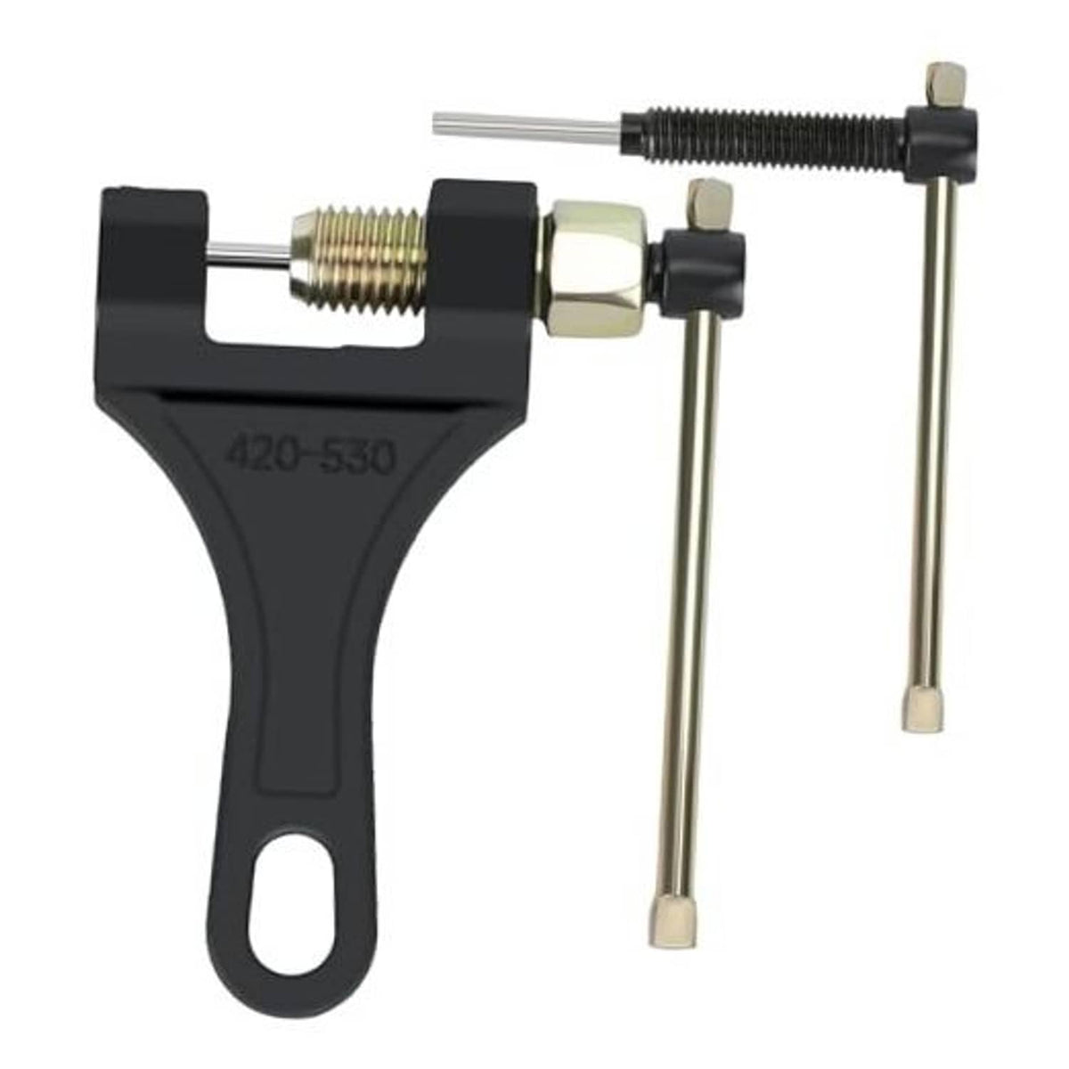 Universal motorcycle chain breaker tool with black handle and two steel pins