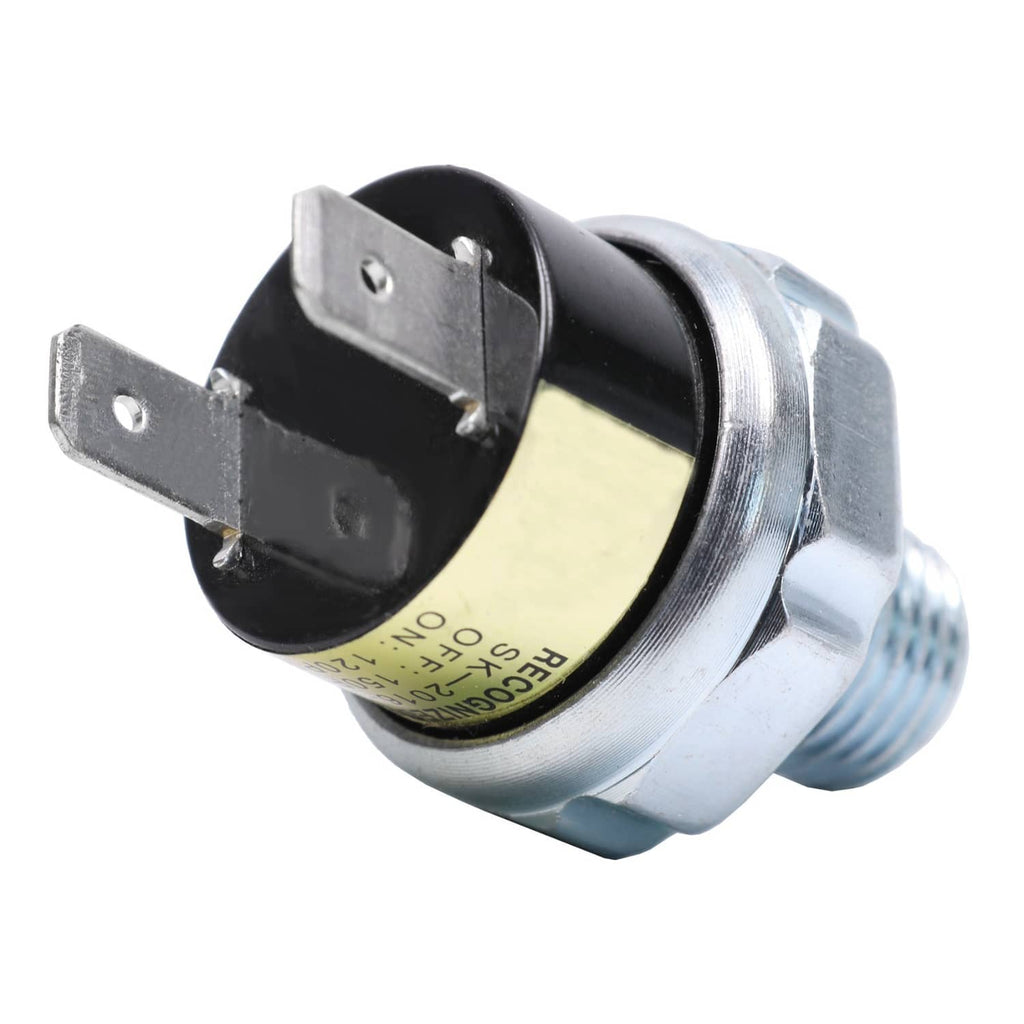 Air pressure switch valve with black relay-style base, silver casing, and two spade terminals