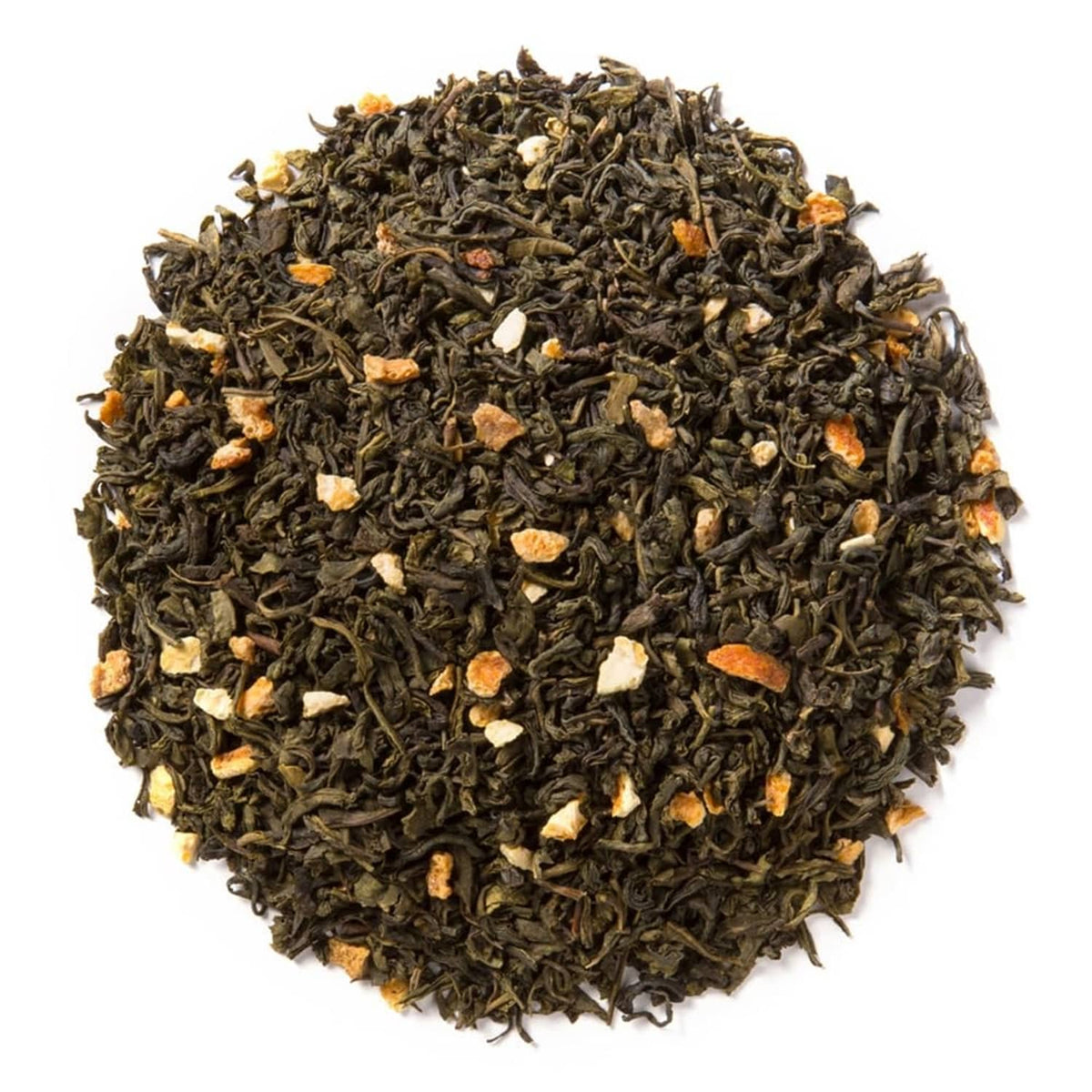 Loose leaf tea blend with dark leaves and visible pale almond and orange pieces