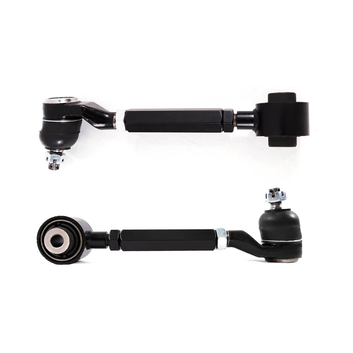 Pair of black rear camber control arms with ball joints and rubber end mounts
