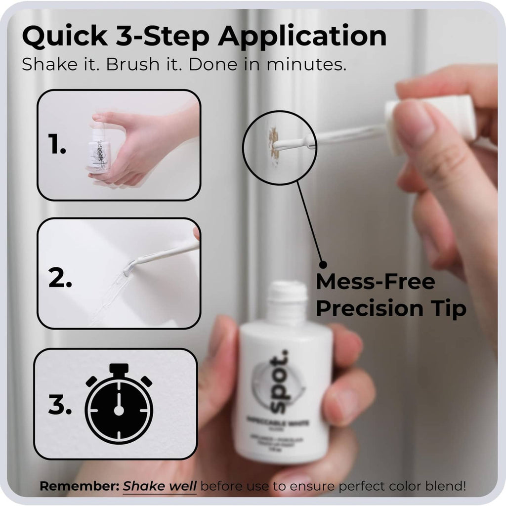 3-step application graphic with touch-up paint bottle and precision tip instructions.