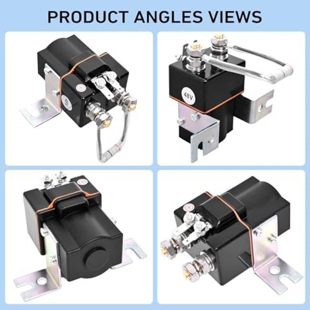 Black 48V solenoid with copper wiring, mounting bracket, shown from multiple angles