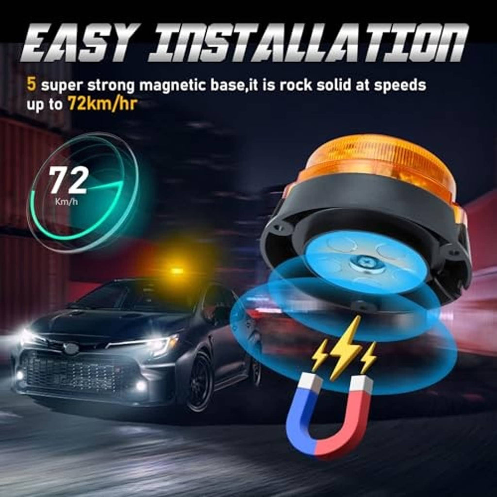 Amber LED warning beacon with black base and cable plug, illuminated