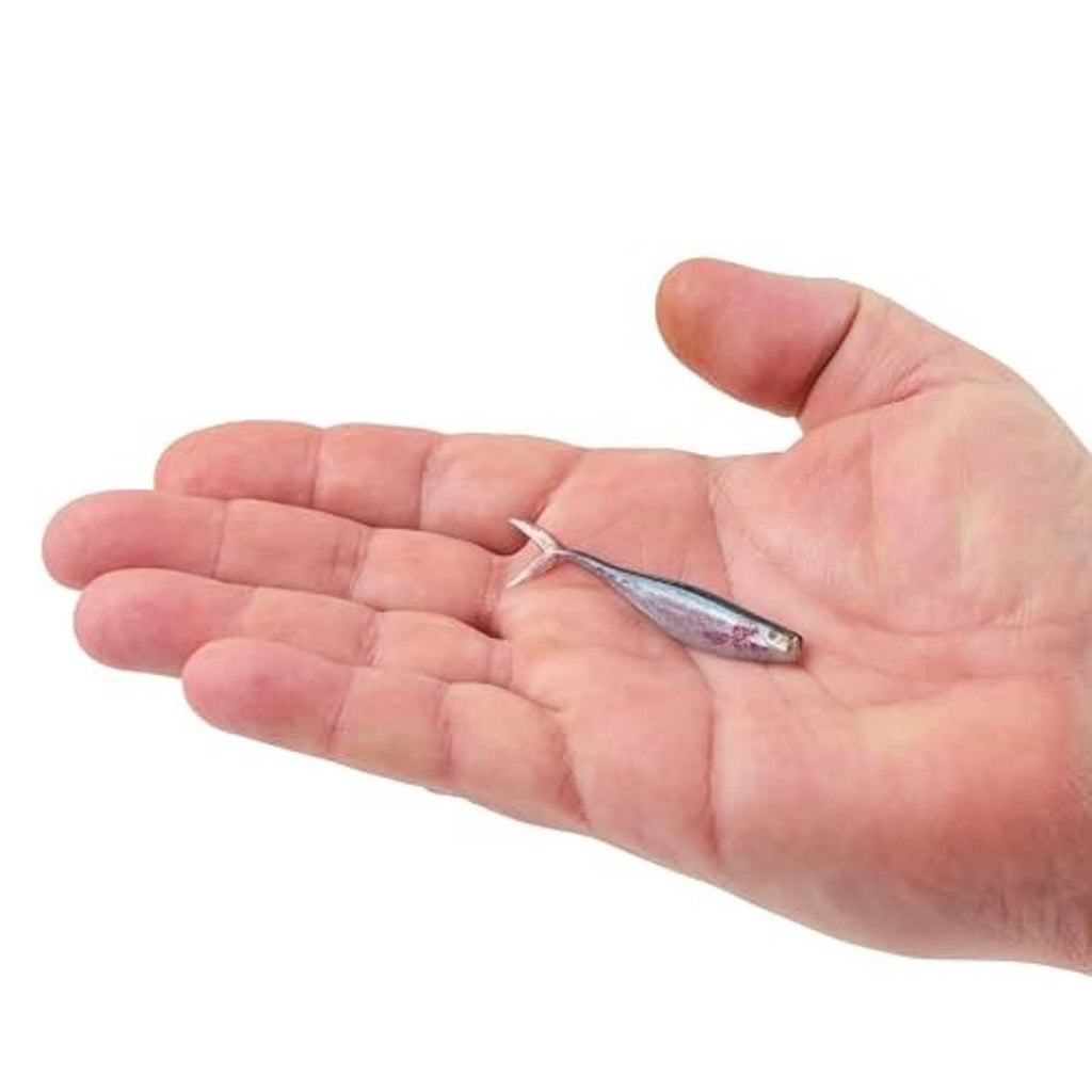 Soft minnow lure with small hook, held in an open hand for size