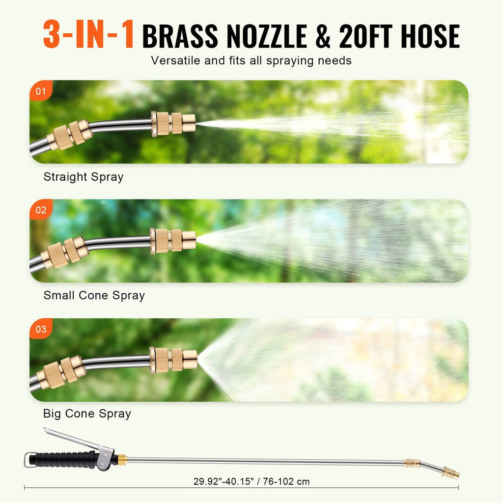 Brass nozzle set with 20FT hose showing straight, small cone, and big cone spray