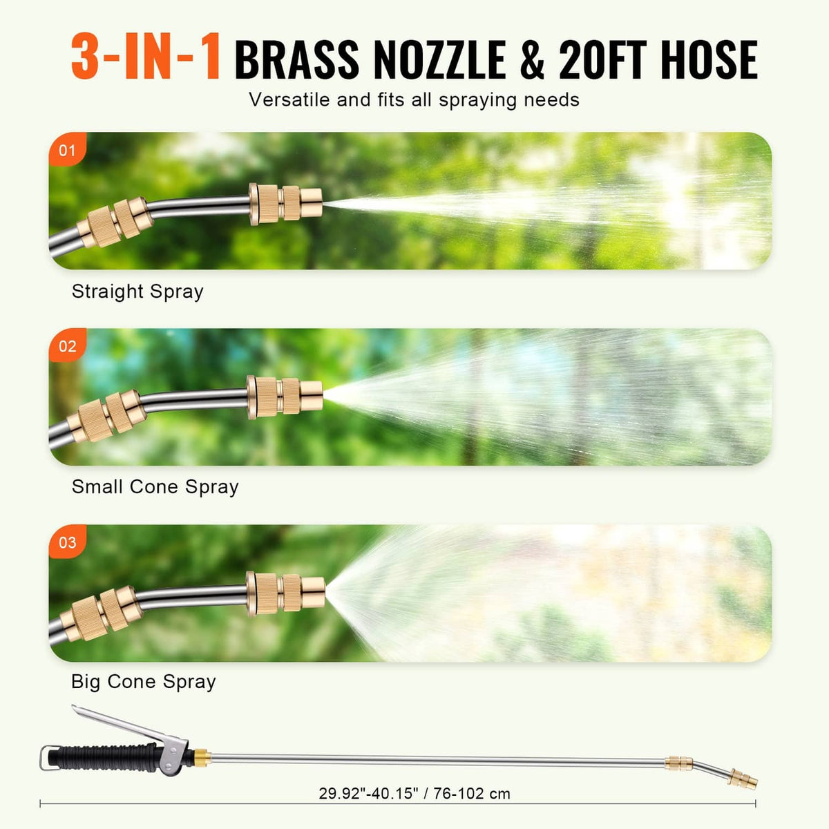 Brass nozzle set with 20FT hose showing straight, small cone, and big cone spray