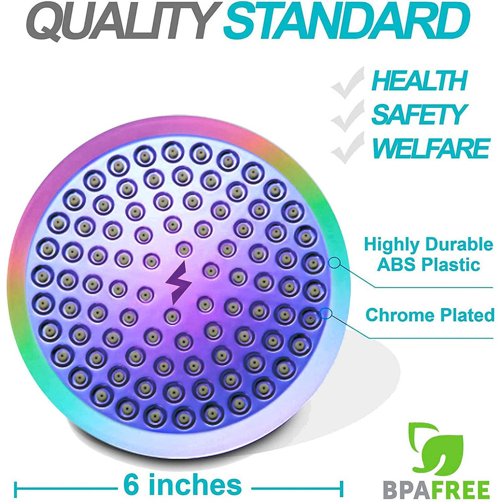 6-inch round shower head face with dense chrome-like nozzle array, rainbow rim
