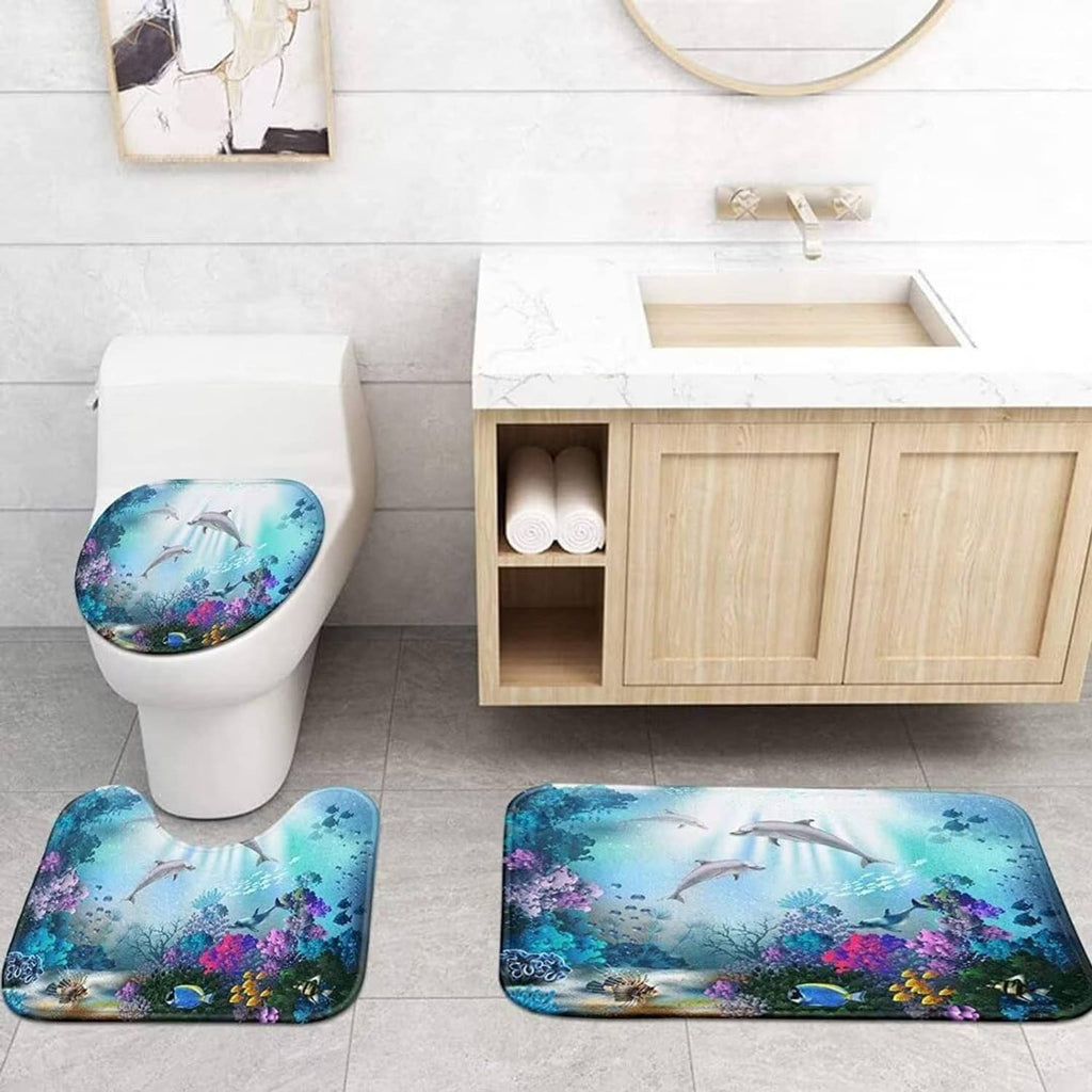 Sea dolphin bath mat set with toilet mat and shower curtain, blue ocean coral print