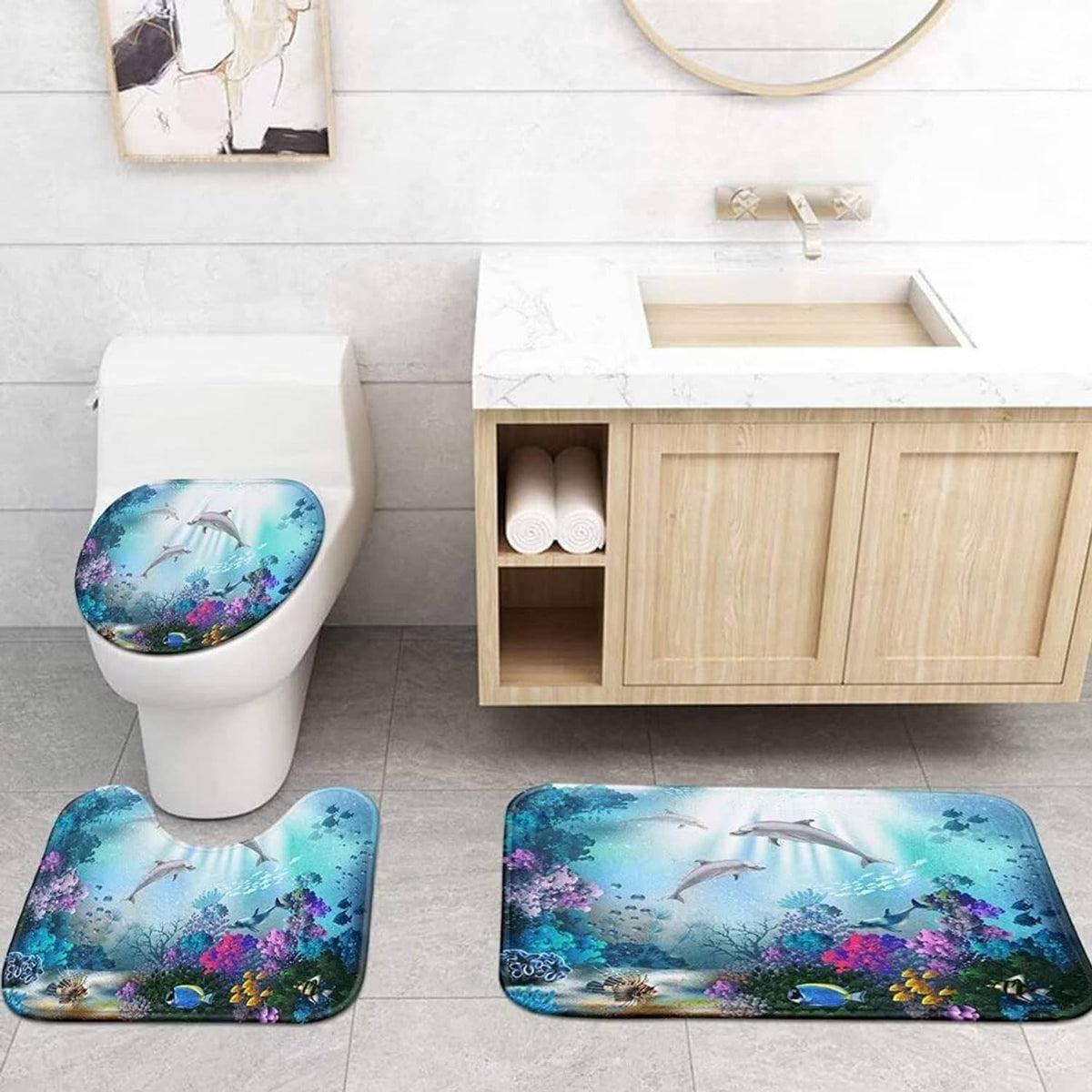 Sea dolphin bath mat set with toilet mat and shower curtain, blue ocean coral print