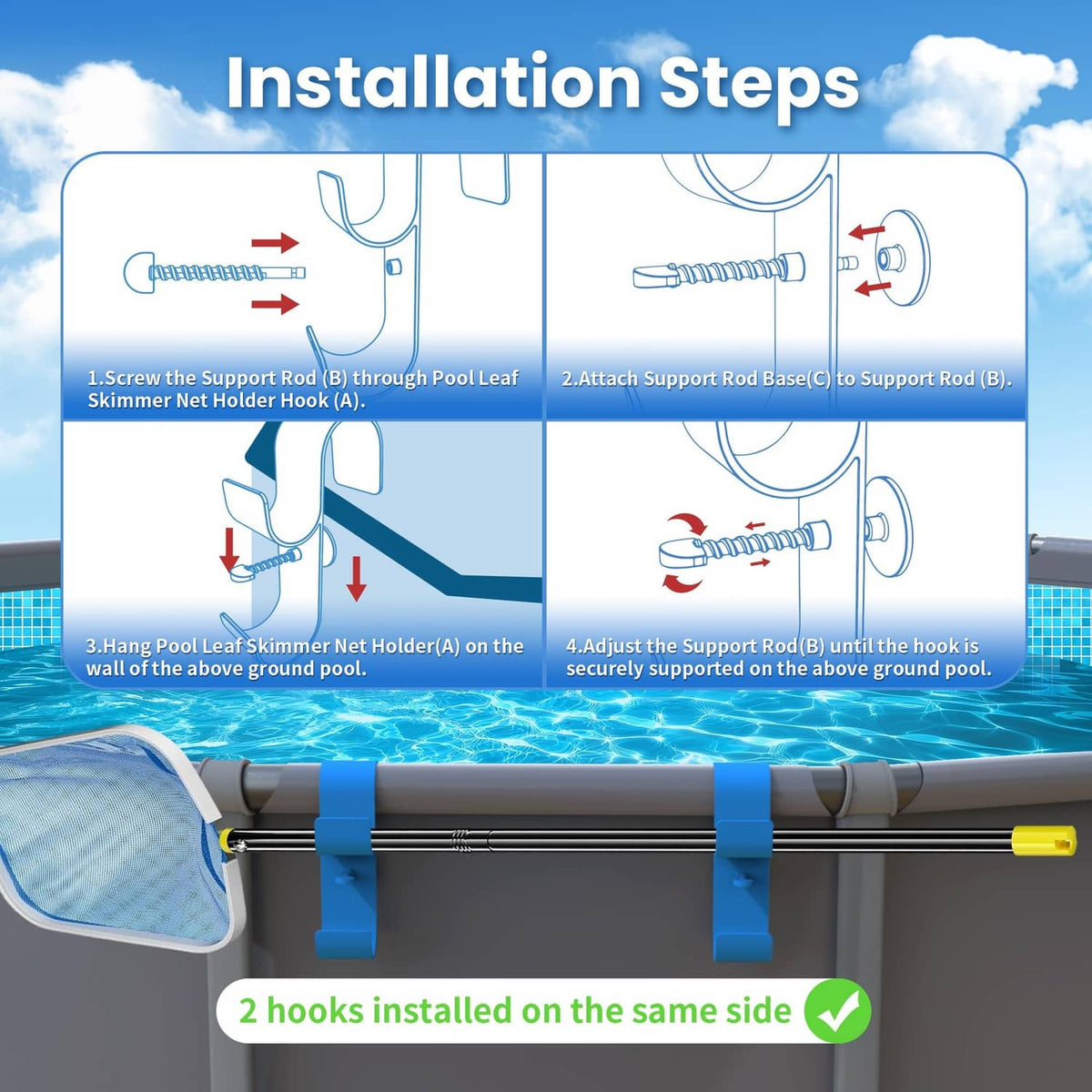 Pool skimmer net holder installation diagram with blue hooks and support rod base