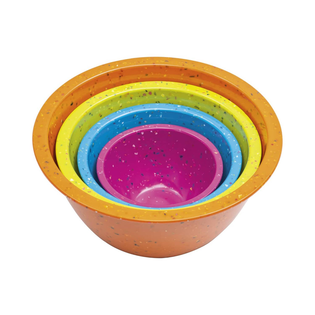 Set of 4 nesting mixing bowls, confetti-speckled orange, yellow, green, purple, blue