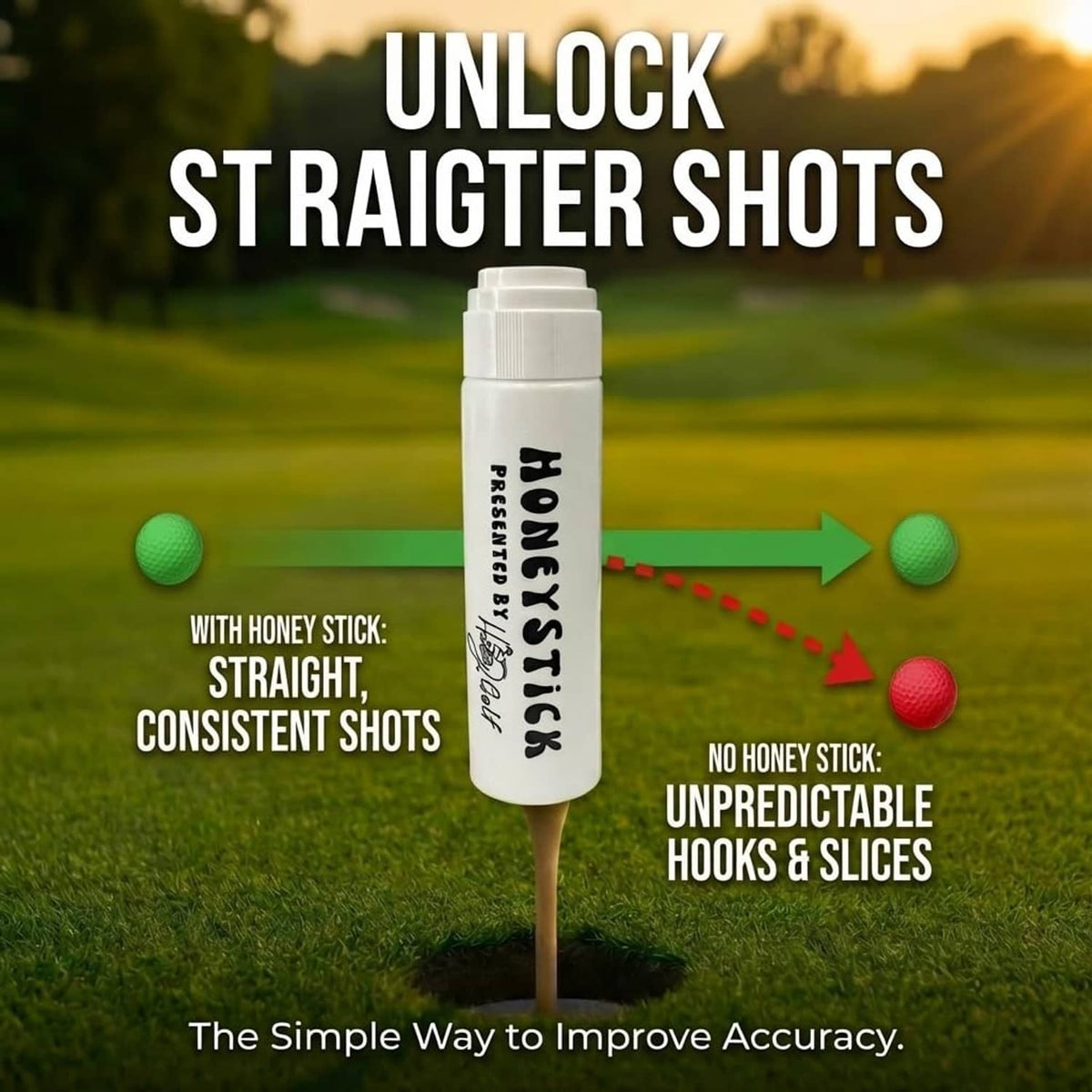HoneyStick anti-slice gel tube standing on a golf tee with golf balls nearby