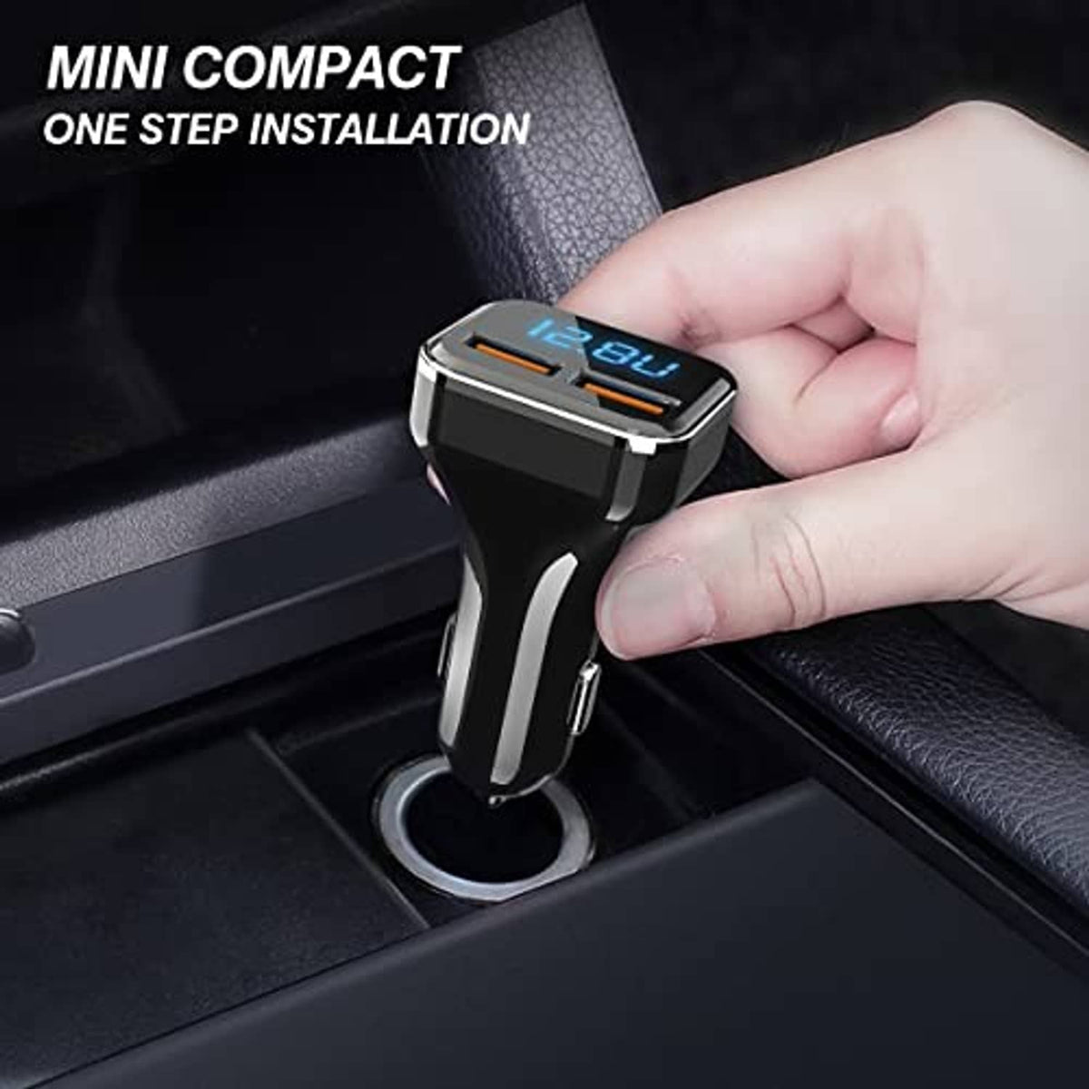 Hand inserting compact dual USB car charger into car socket; blue LED volt display