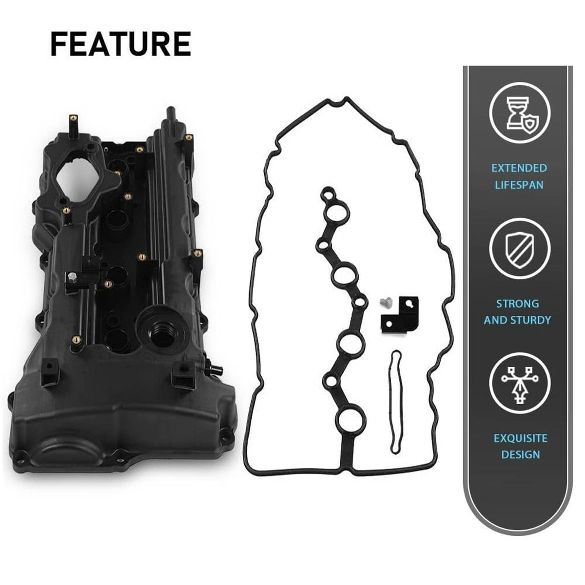 Black engine valve cover with gasket set and small metal bracket included