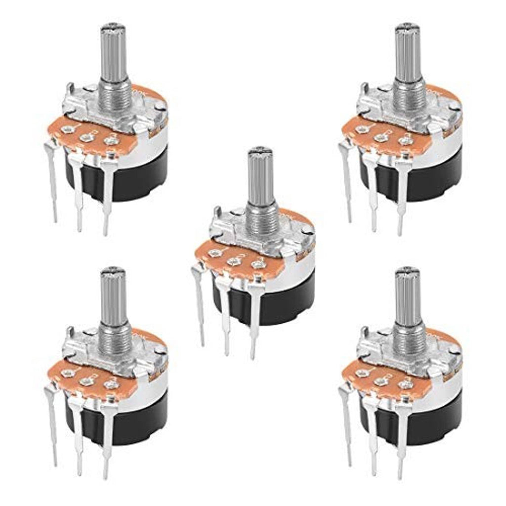 Set of five rotary potentiometers with switch, orange tops, metal shafts, 3 pins each