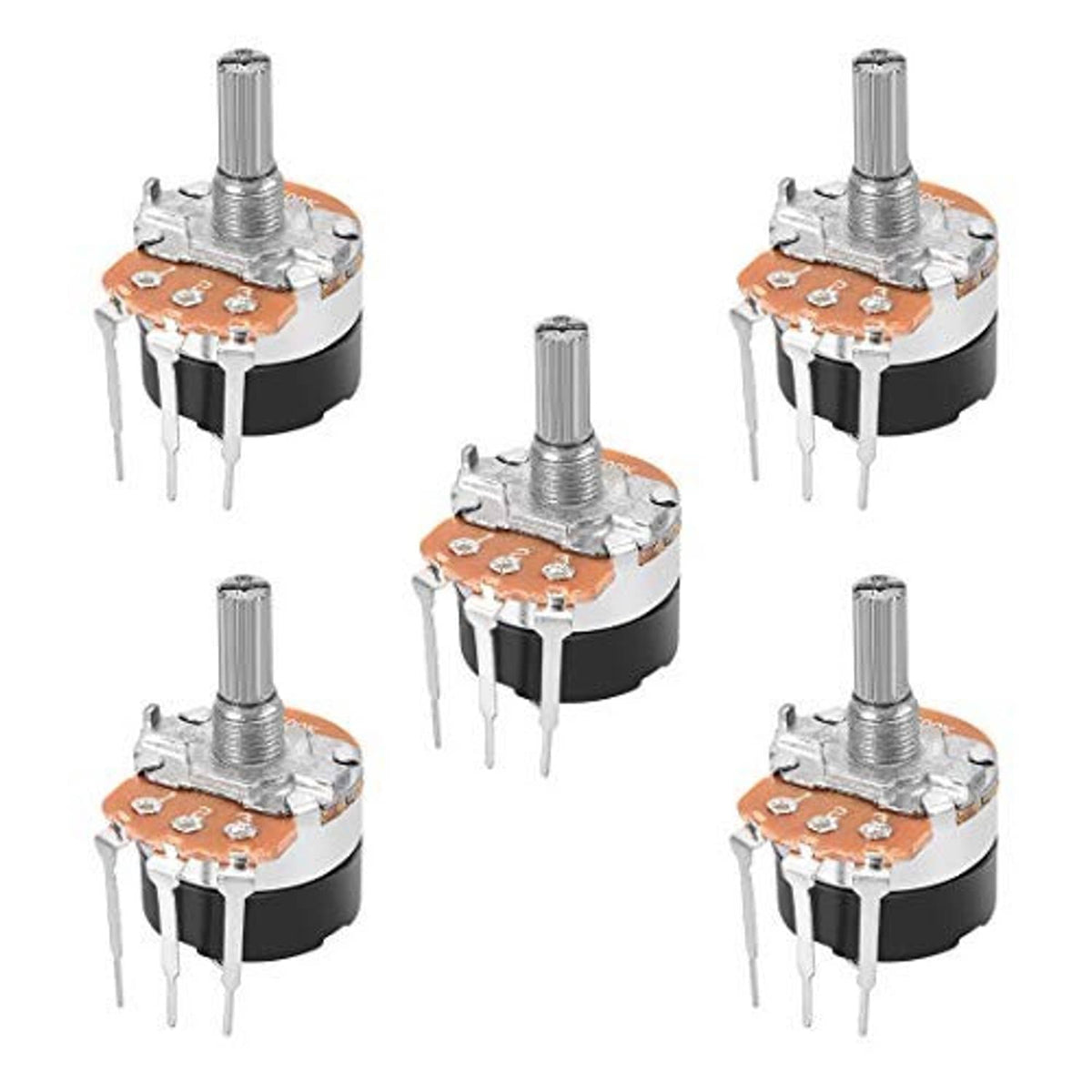 Set of five rotary potentiometers with switch, orange tops, metal shafts, 3 pins each